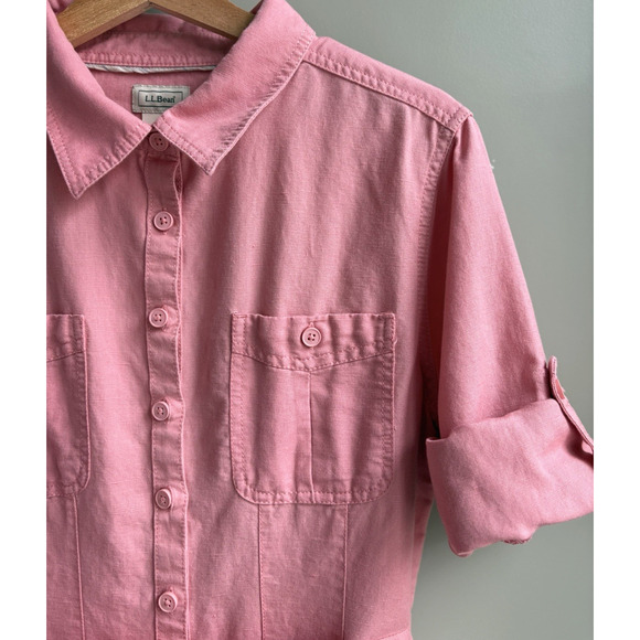 LL Bean Linen Cotton Belted Button Front Shirt Dress Pink Roll Tab Sleeves XL P - Picture 6 of 16